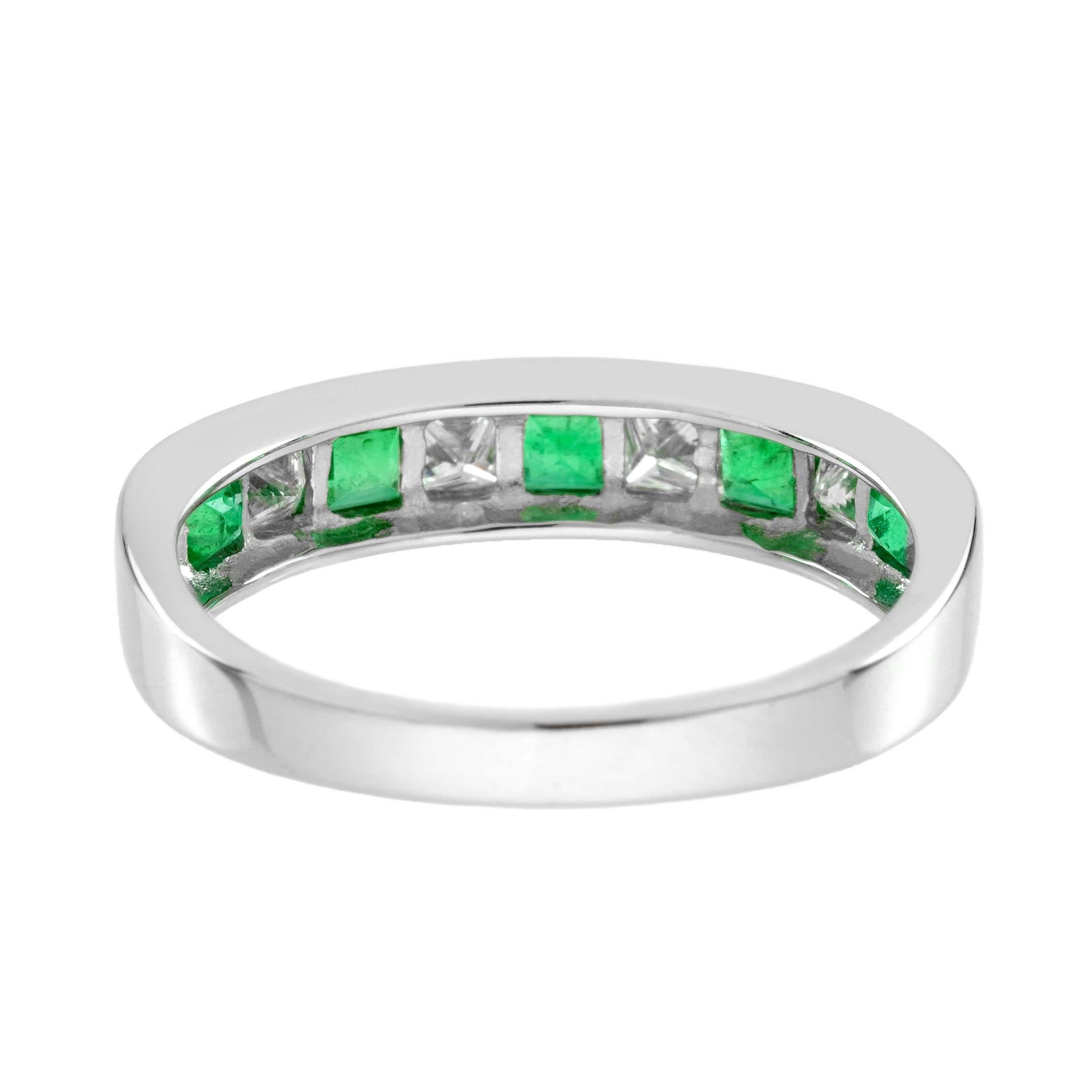 Square Emerald and Diamond Channel Half Eternity Band in Platinum 950 In New Condition For Sale In Bangkok, TH