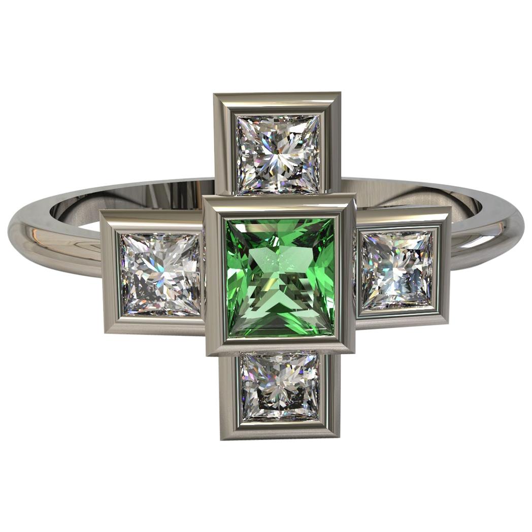 Square Emerald and Princess cut Diamonds in Platinum Ring By Kian Design For Sale