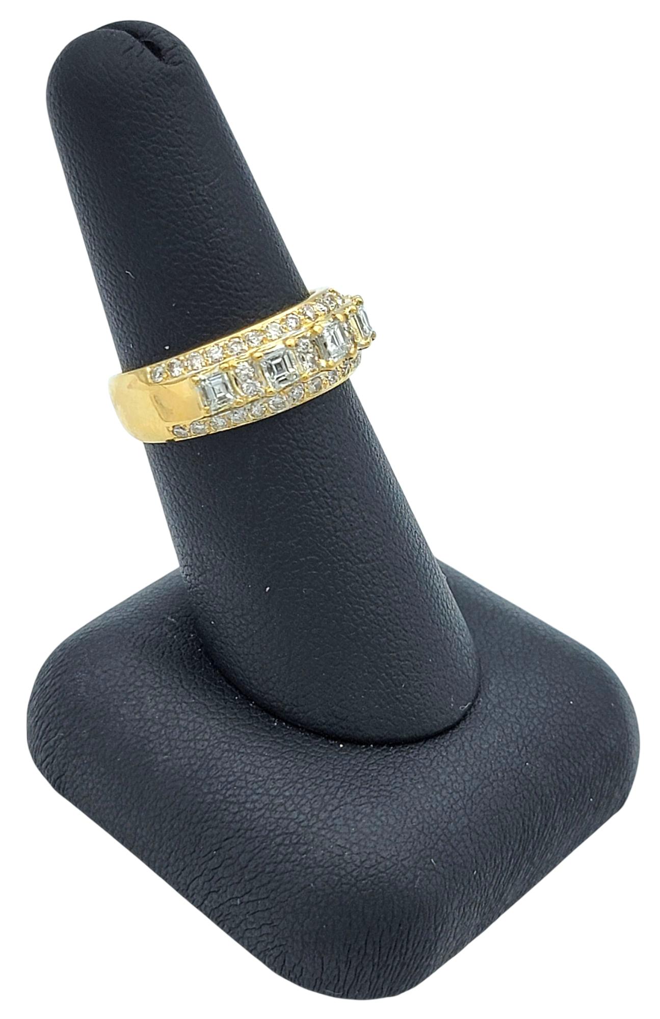 Square Emerald and Round Cut Diamond Multi Row Band Ring in 18 Karat Yellow Gold For Sale 6