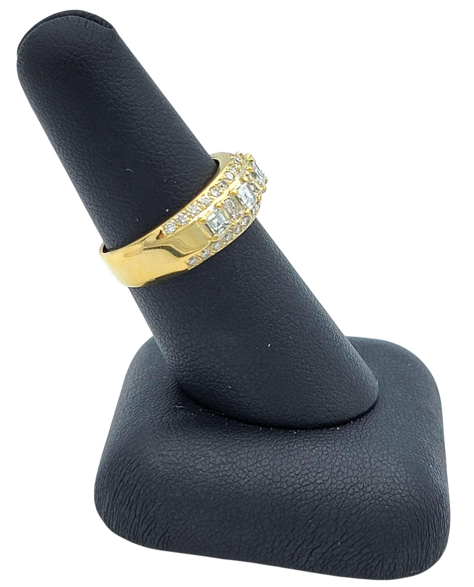 Square Emerald and Round Cut Diamond Multi Row Band Ring in 18 Karat Yellow Gold For Sale 7