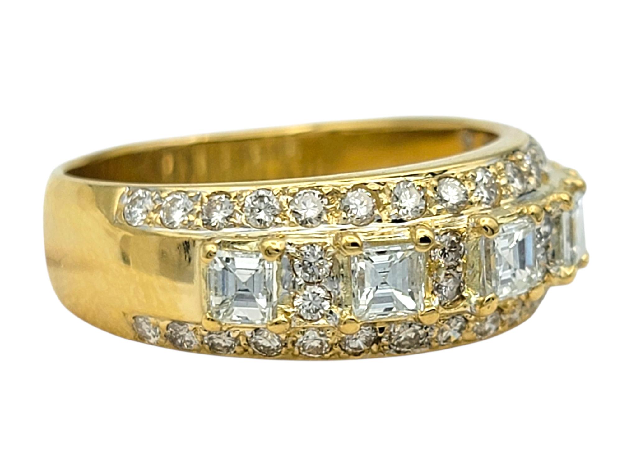 Square Emerald and Round Cut Diamond Multi Row Band Ring in 18 Karat Yellow Gold In Good Condition For Sale In Scottsdale, AZ
