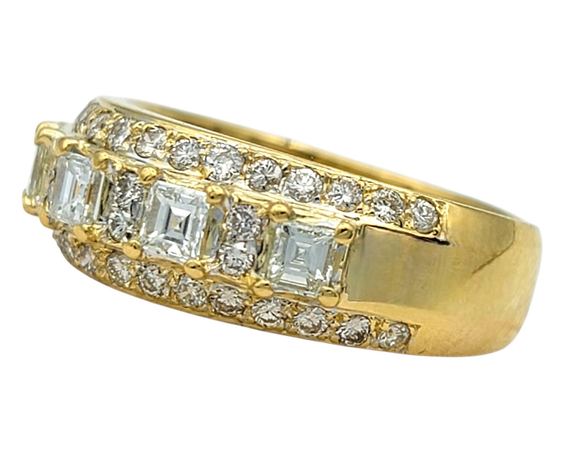 Women's Square Emerald and Round Cut Diamond Multi Row Band Ring in 18 Karat Yellow Gold For Sale