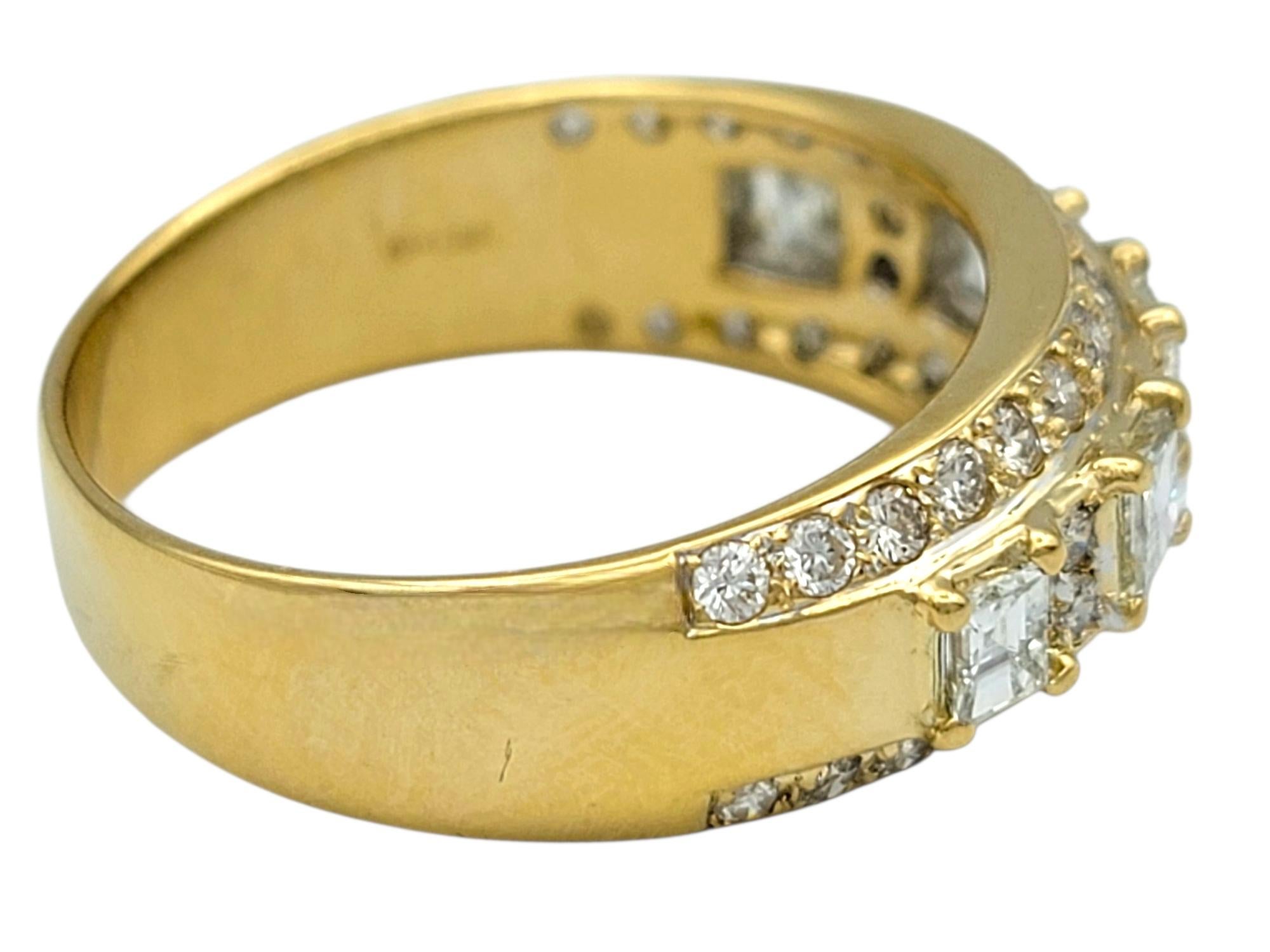 Square Emerald and Round Cut Diamond Multi Row Band Ring in 18 Karat Yellow Gold For Sale 1