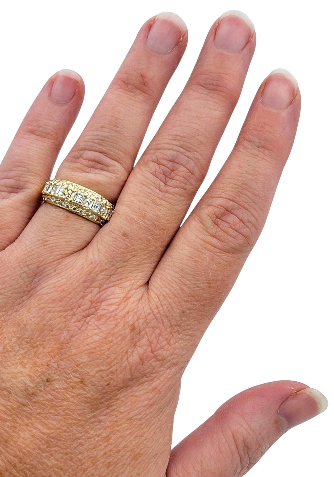 Square Emerald and Round Cut Diamond Multi Row Band Ring in 18 Karat Yellow Gold For Sale 4