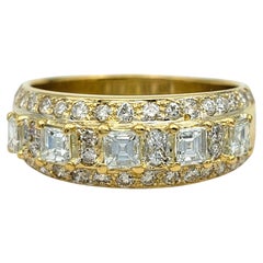 Square Emerald and Round Cut Diamond Multi Row Band Ring in 18 Karat Yellow Gold