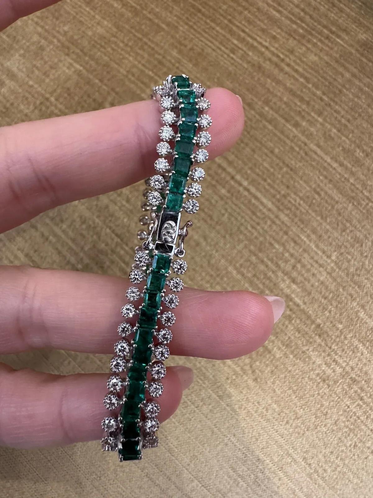Square Emerald and Round Diamond Line Bracelet 7 inches in 18k White Gold In Excellent Condition For Sale In La Jolla, CA