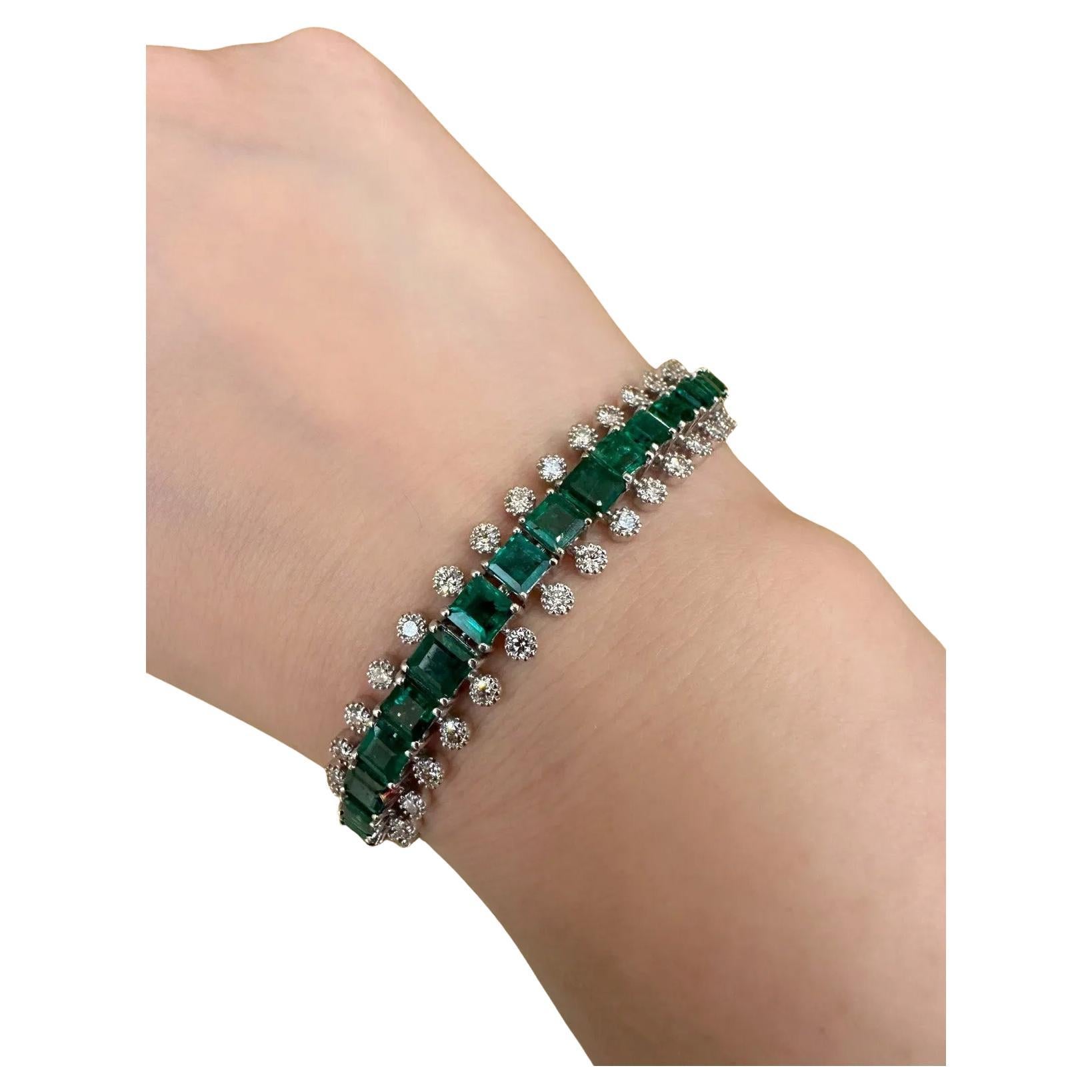 Square Emerald and Round Diamond Line Bracelet 7 inches in 18k White Gold