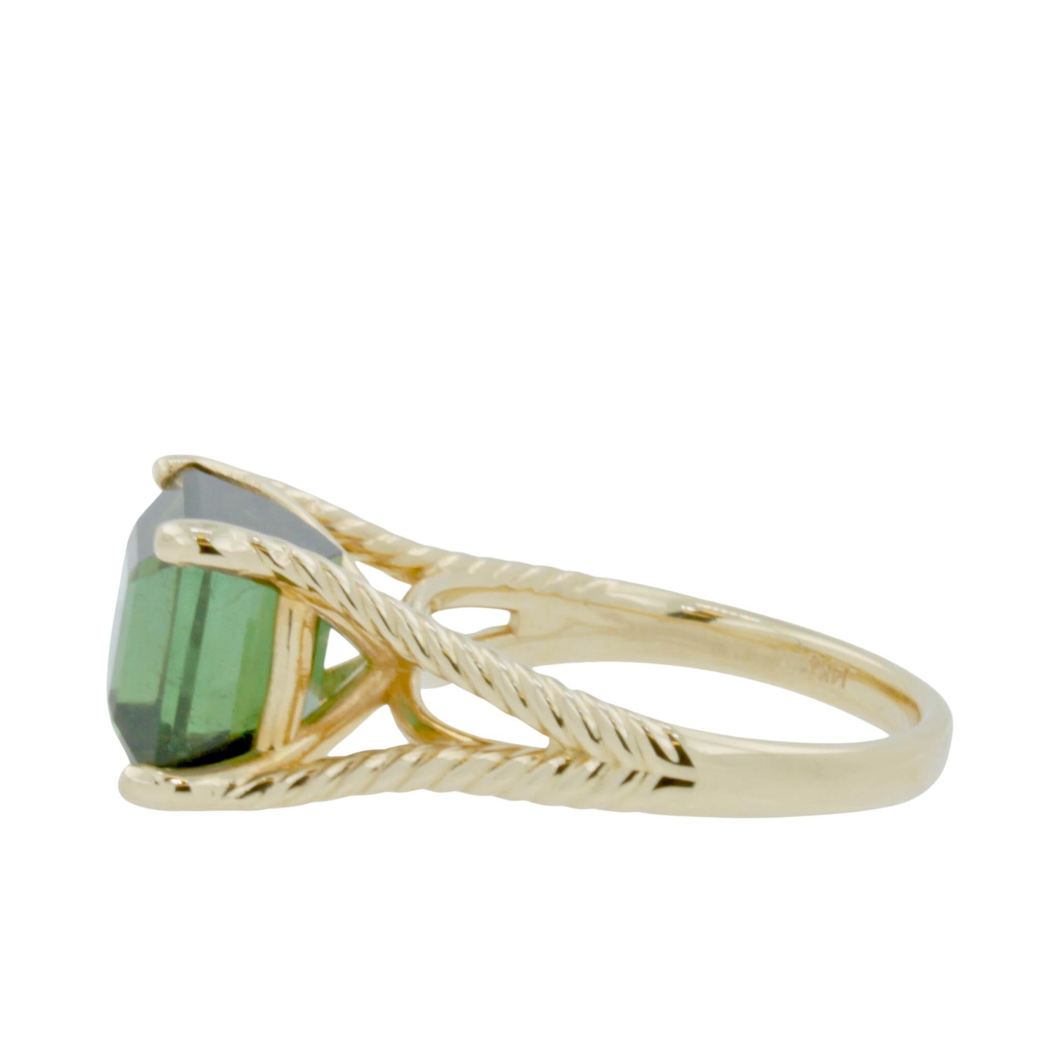 Art Deco Square Emerald Asscher Green Tourmaline Rope Split Shank Unique Yellow Gold Ring For Sale