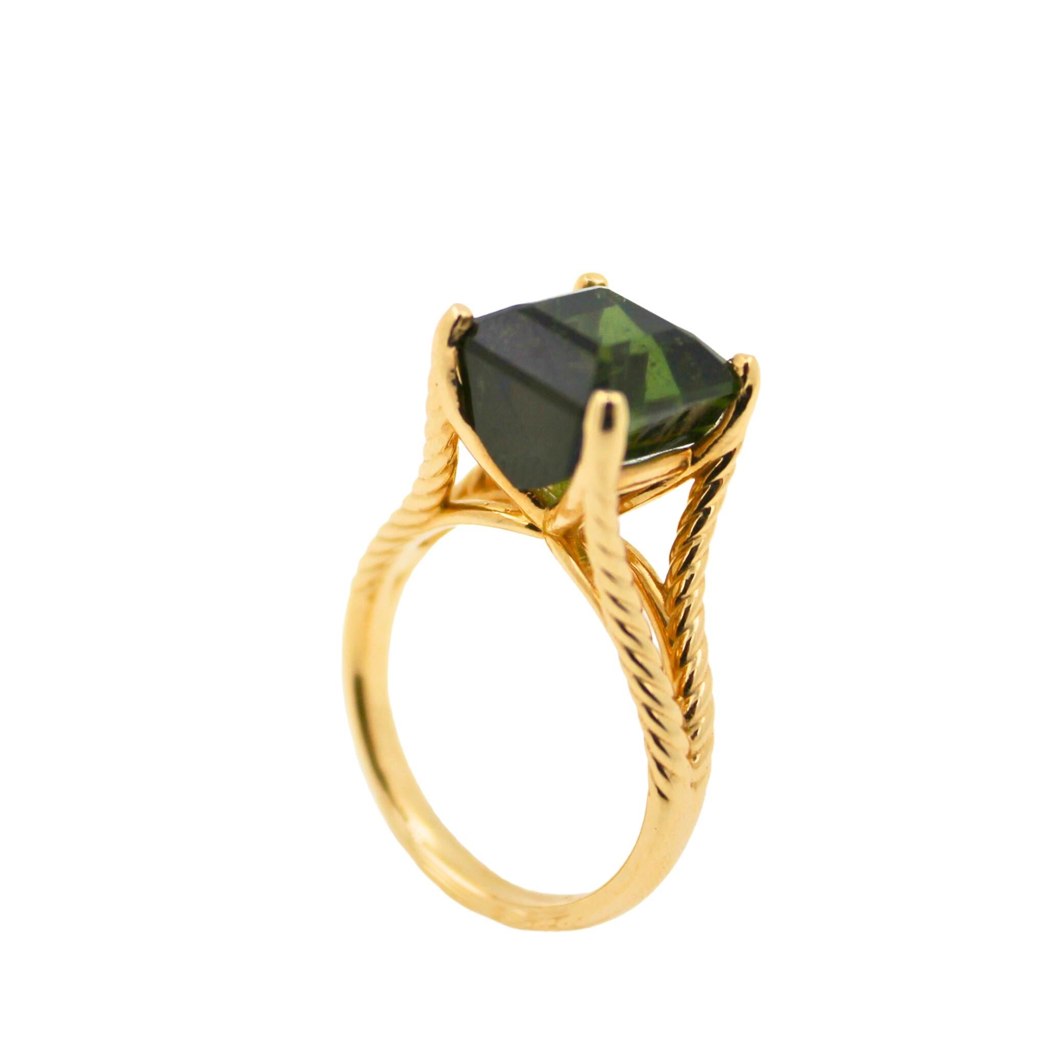Asscher Cut Square Emerald Asscher Green Tourmaline Rope Split Shank Unique Yellow Gold Ring For Sale
