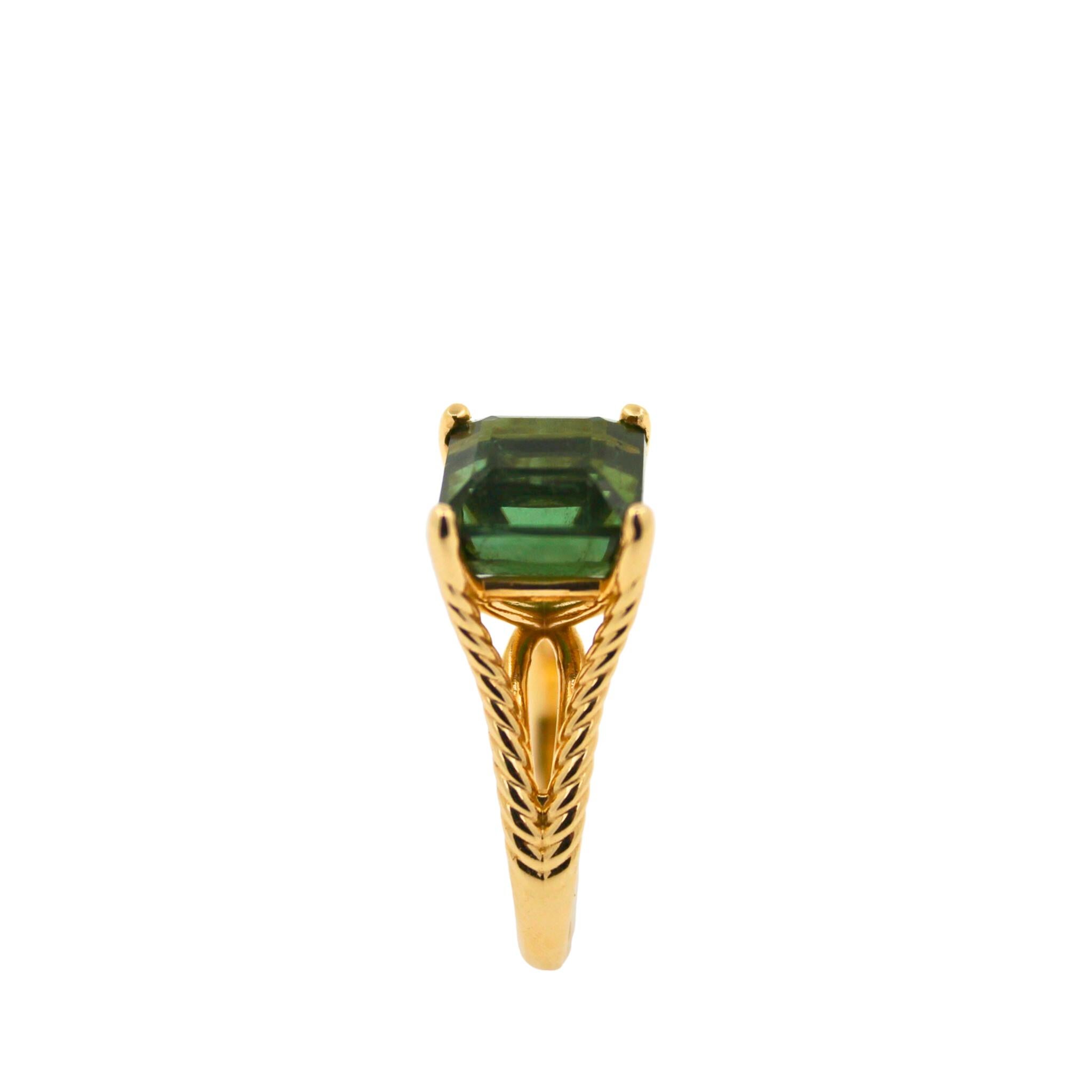 Square Emerald Asscher Green Tourmaline Rope Split Shank Unique Yellow Gold Ring In New Condition For Sale In Oakton, VA