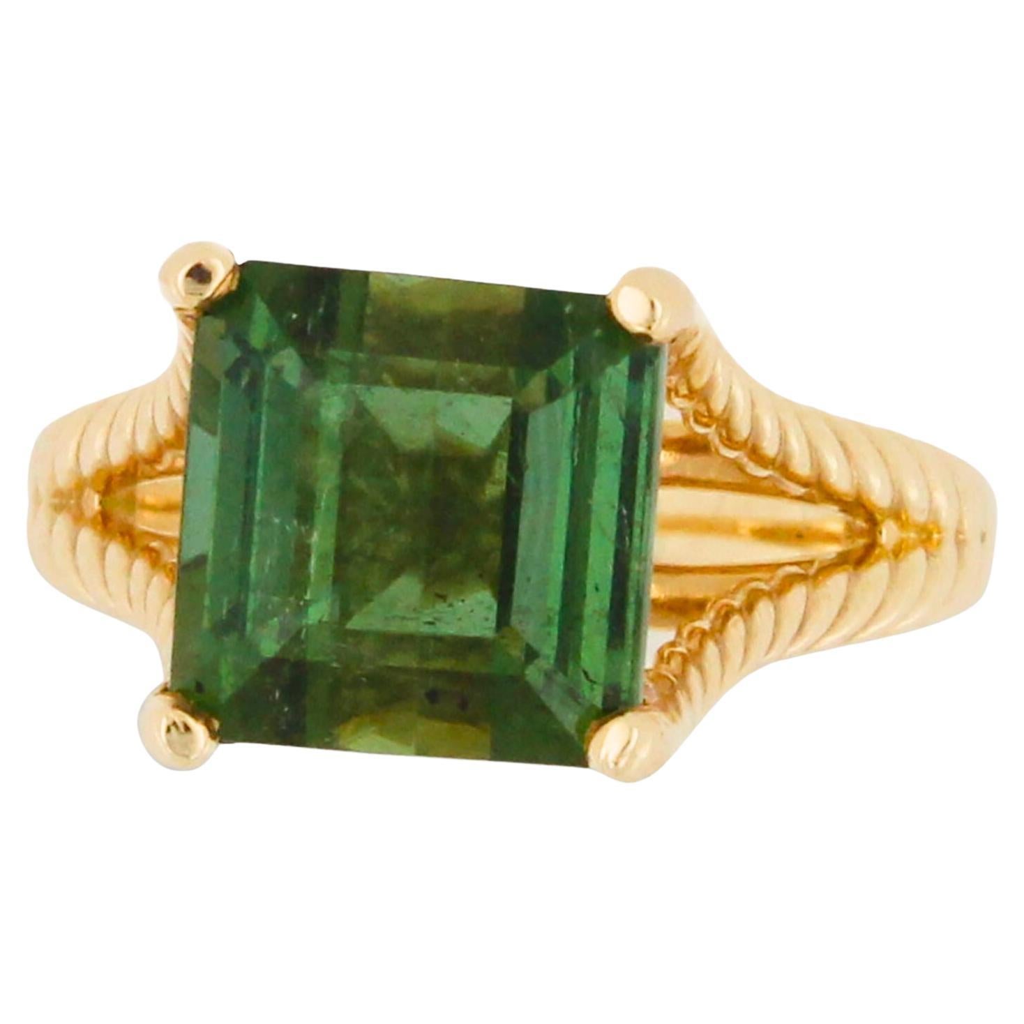 Square Emerald Asscher Green Tourmaline Rope Split Shank Unique Yellow Gold Ring For Sale