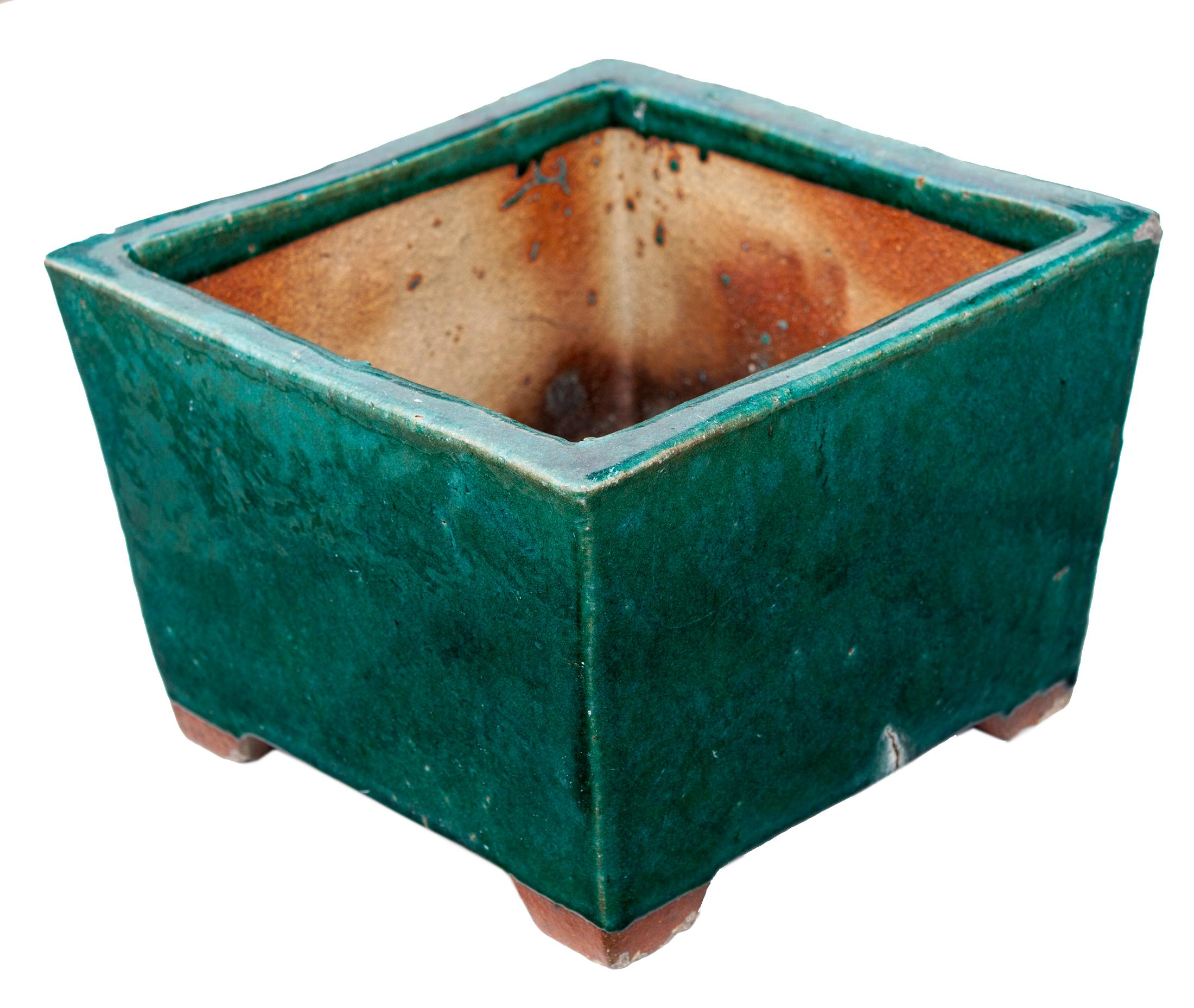 Smaragdgrüner Keramik-Pflanzkübel quadratisch  (Handgefertigt) im Angebot