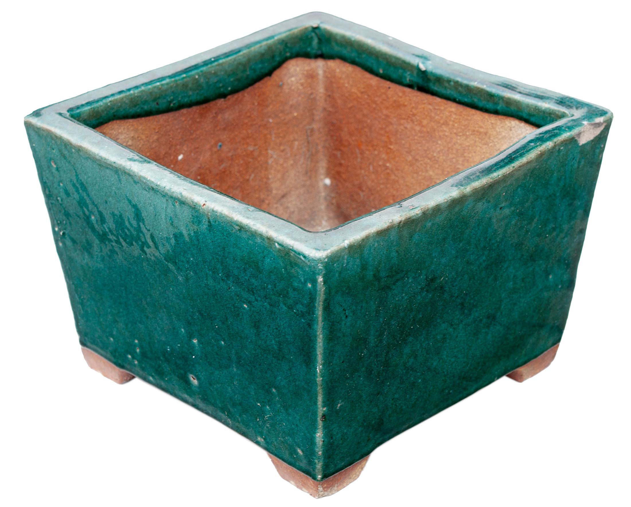 Square Emerald Ceramic Planter  In Good Condition For Sale In Malibu, CA