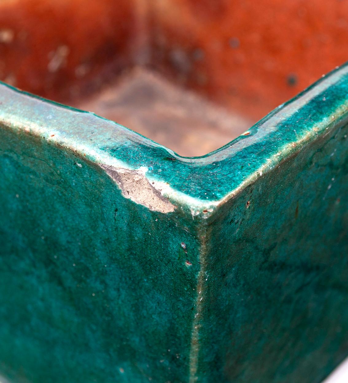 Smaragdgrüner Keramik-Pflanzkübel quadratisch  (20. Jahrhundert) im Angebot