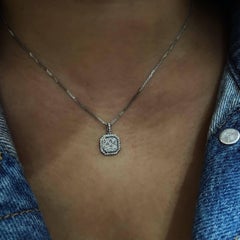 18 Karat White Gold Square Emerald Cluster Octagonal Diamond Pendant Necklace