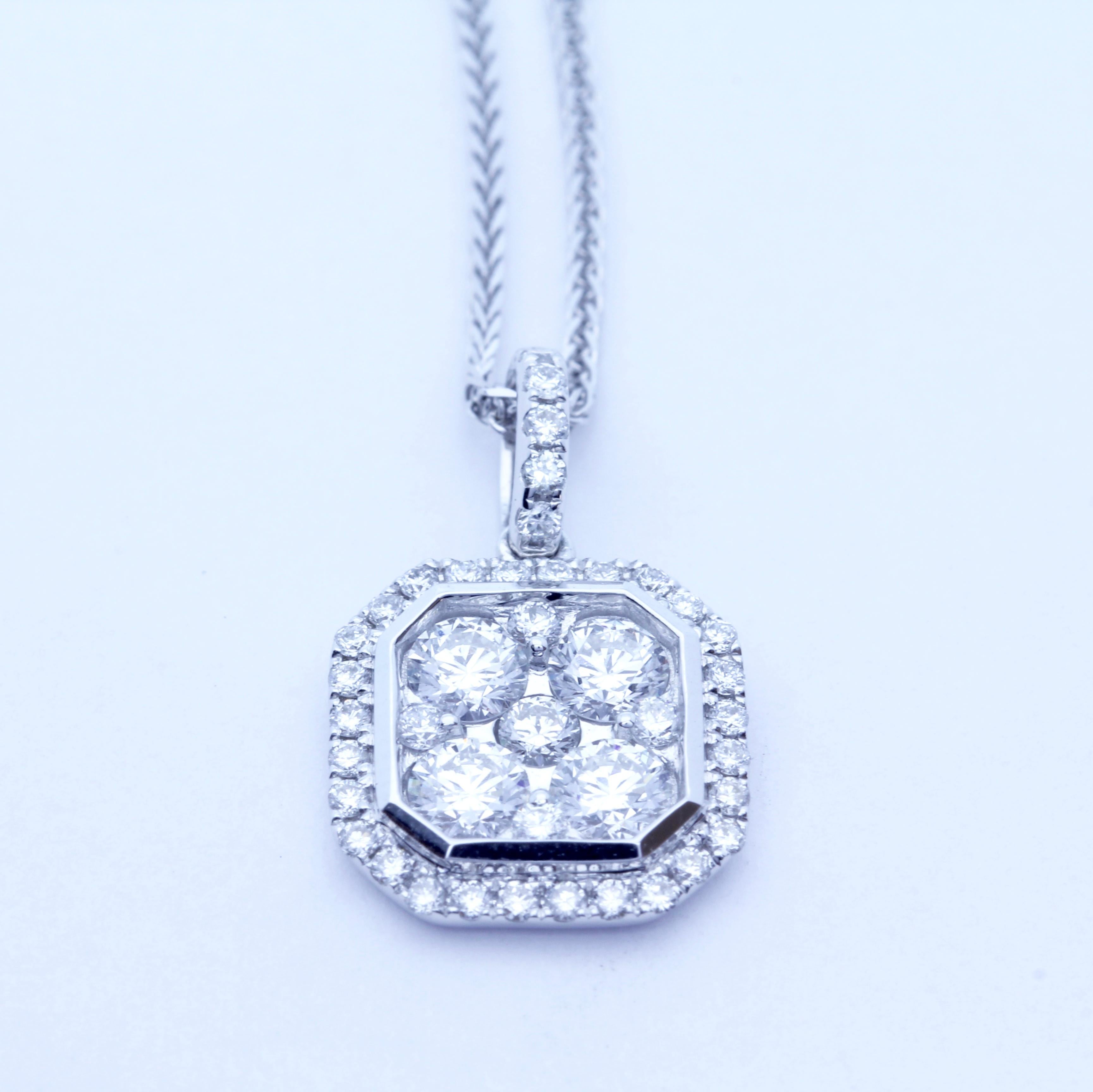 Contemporary 18 Karat White Gold Square Emerald Cluster Octagonal Diamond Pendant Necklace  For Sale