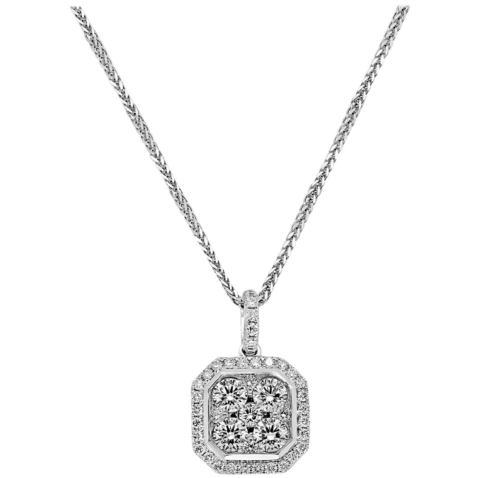 18 Karat White Gold Square Emerald Cluster Octagonal Diamond Pendant Necklace  For Sale