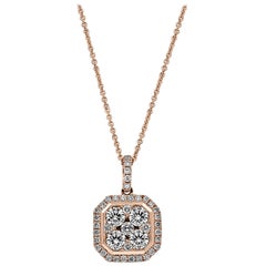 18 Karat Rose Gold Square Emerald Cluster Octagonal Diamond Pendant Necklace