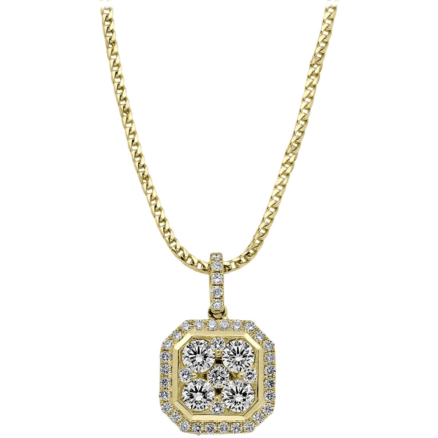 18 Karat Yellow Gold Square Emerald Cluster Octagonal Diamond Pendant Necklace  For Sale