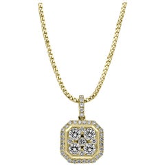 18 Karat Yellow Gold Square Emerald Cluster Octagonal Diamond Pendant Necklace