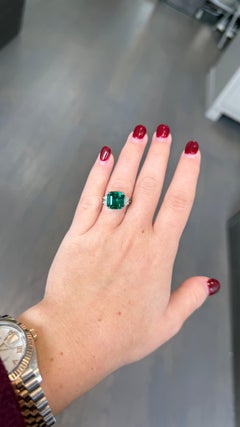 GIA-Certified Square Emerald-Cut 5.84 Carat Emerald and Diamond Three-Stone Ring