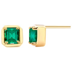 Square Emerald Cut Colombia Emerald Yellow Gold Stud Earrings