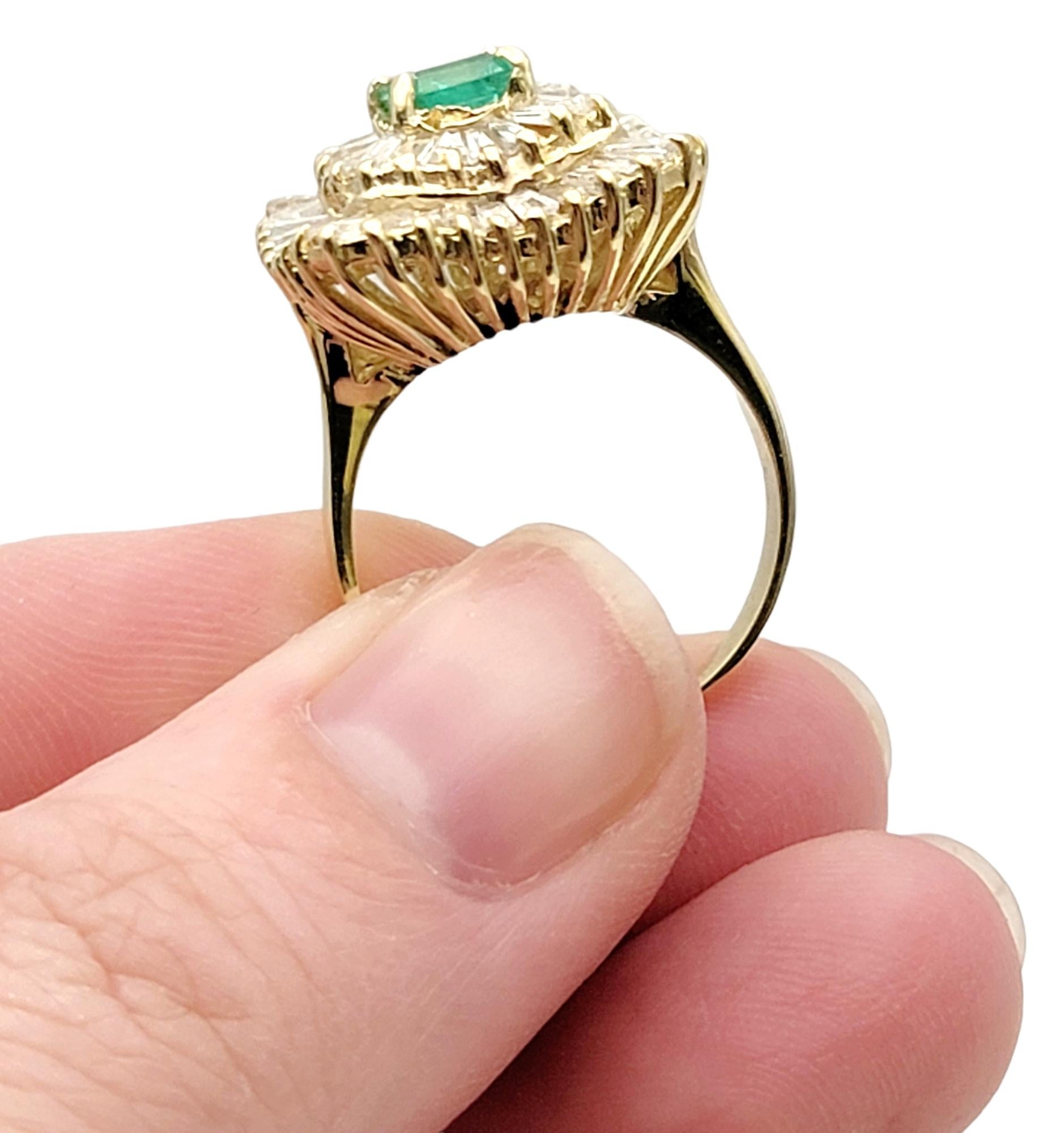 Square Emerald Cut Emerald and Baguette Diamond Double Halo Cocktail Ring For Sale 3