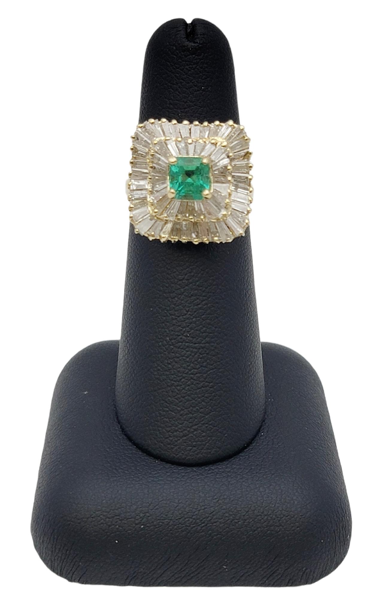 Square Emerald Cut Emerald and Baguette Diamond Double Halo Cocktail Ring For Sale 4