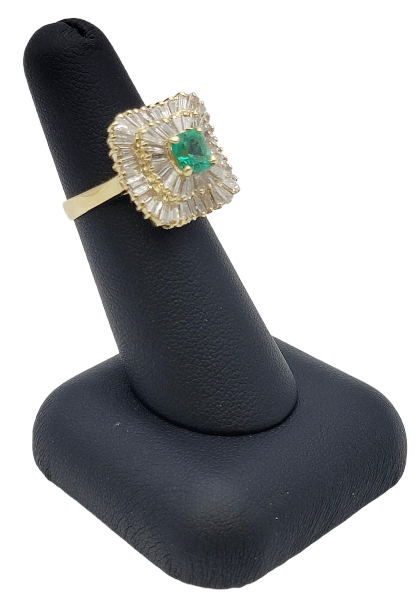 Square Emerald Cut Emerald and Baguette Diamond Double Halo Cocktail Ring For Sale 5