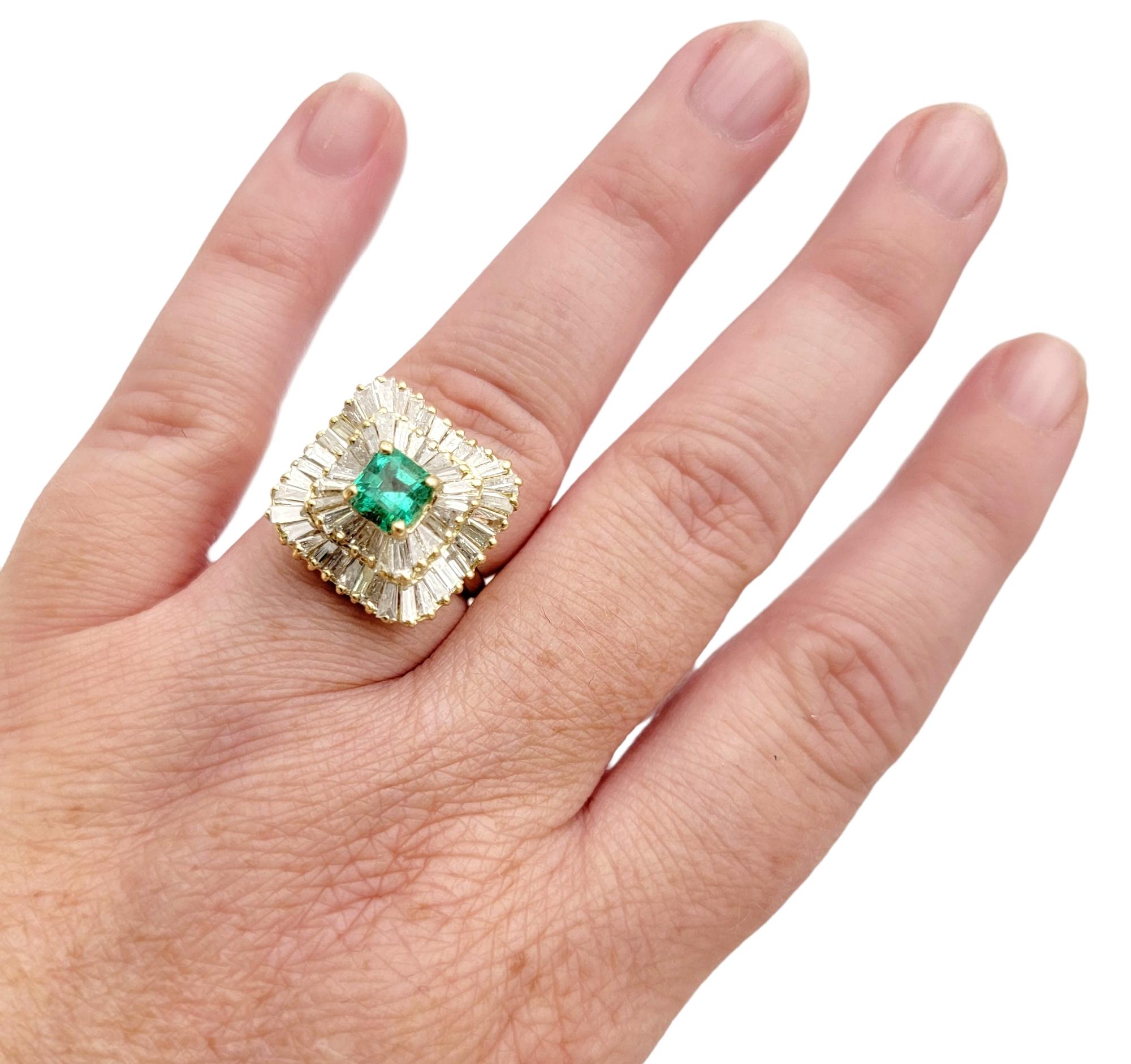 Square Emerald Cut Emerald and Baguette Diamond Double Halo Cocktail Ring For Sale 6