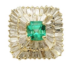 Square Emerald Cut Emerald and Baguette Diamond Double Halo Cocktail Ring