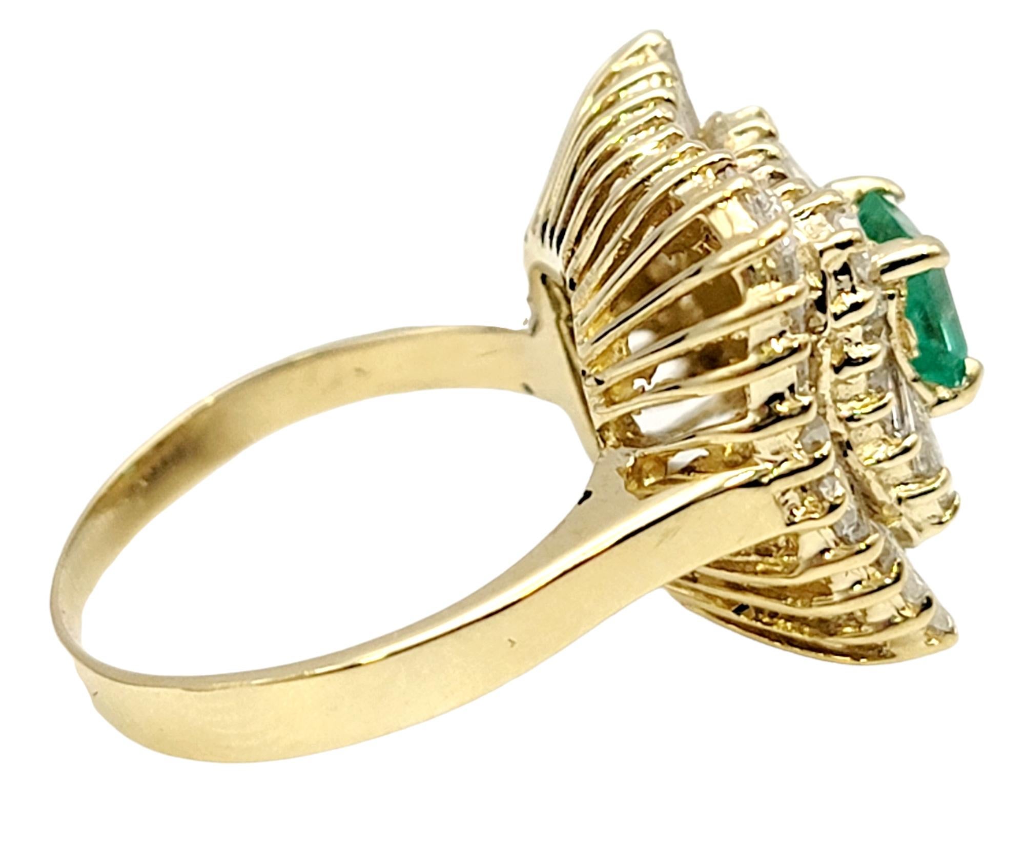 Contemporary Square Emerald Cut Emerald and Baguette Diamond Double Halo Cocktail Ring For Sale