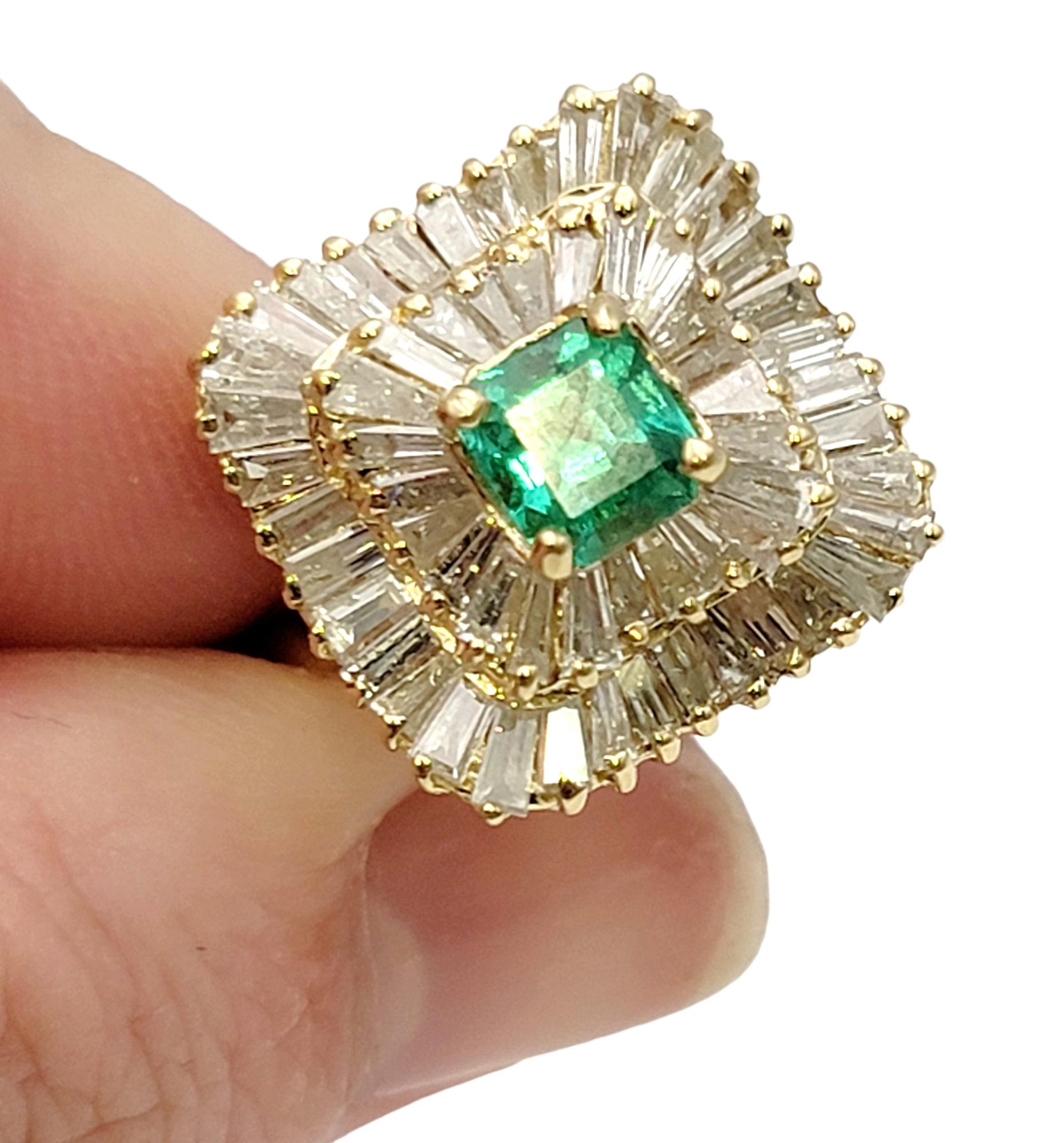 Square Emerald Cut Emerald and Baguette Diamond Double Halo Cocktail Ring For Sale 1