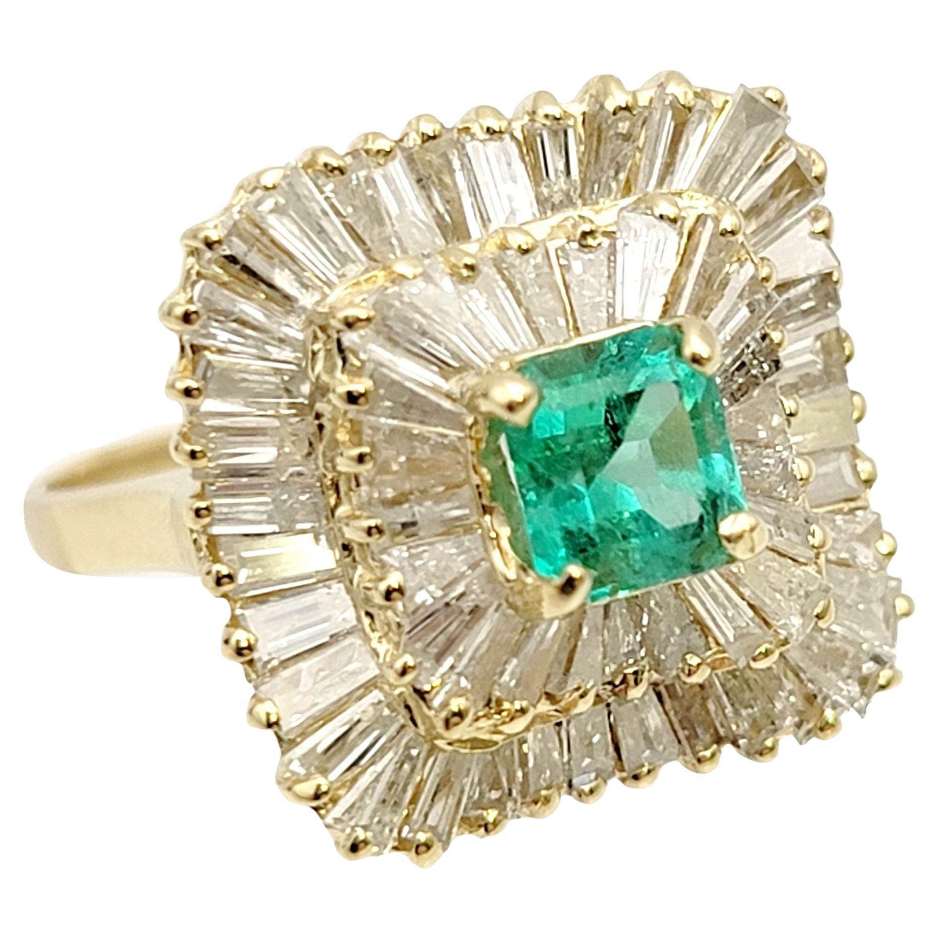Square Emerald Cut Emerald and Baguette Diamond Double Halo Cocktail Ring For Sale