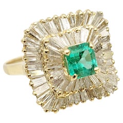 Square Emerald Cut Emerald and Baguette Diamond Double Halo Cocktail Ring