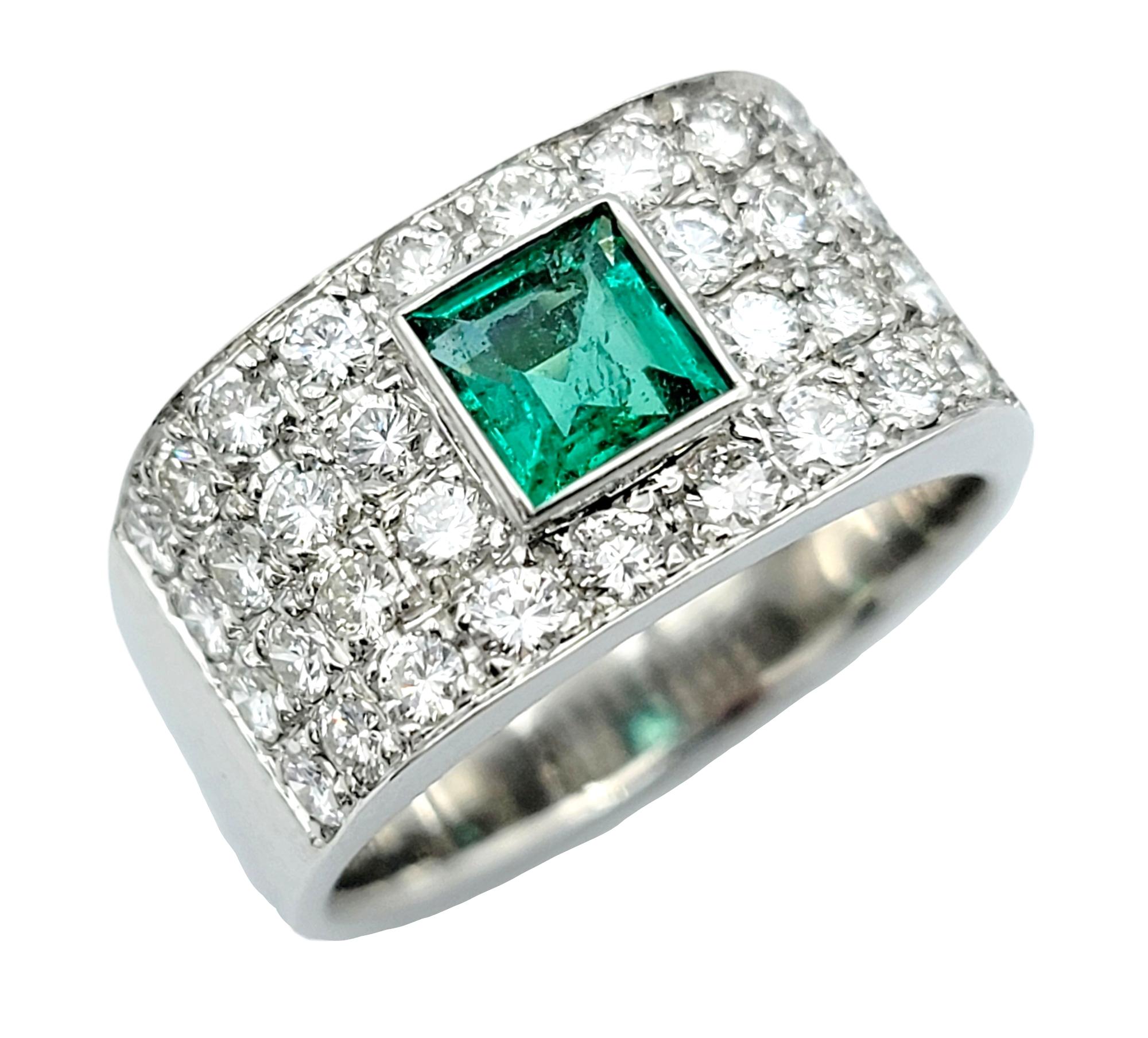 Ring size: 6.75

Introducing a beautiful expression of elegance and luxury, our emerald and multi-row pave diamond ring is a true masterpiece. Crafted with utmost precision in 18 karat white gold, this ring exudes timeless sophistication and