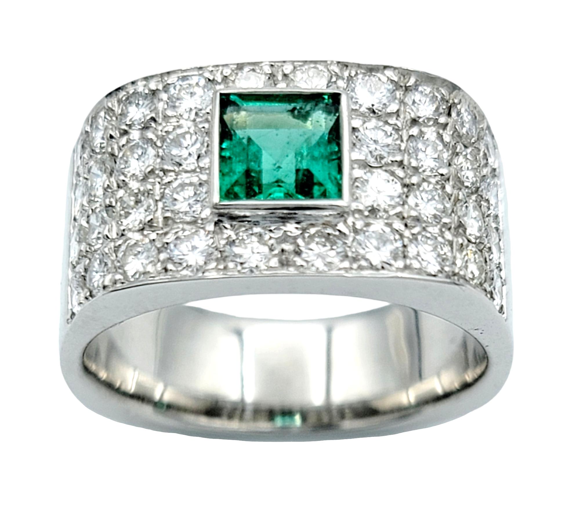 Contemporary Square Emerald Cut Emerald and Multi-Row Round Diamond Band Ring 18 Karat Gold For Sale