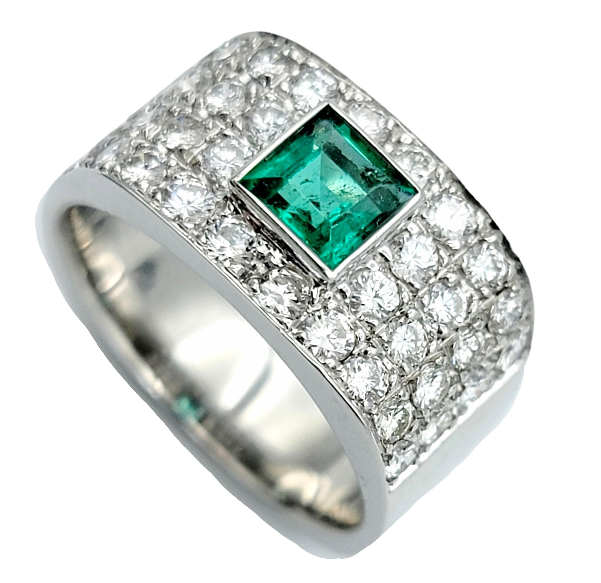 Square Cut Square Emerald Cut Emerald and Multi-Row Round Diamond Band Ring 18 Karat Gold For Sale