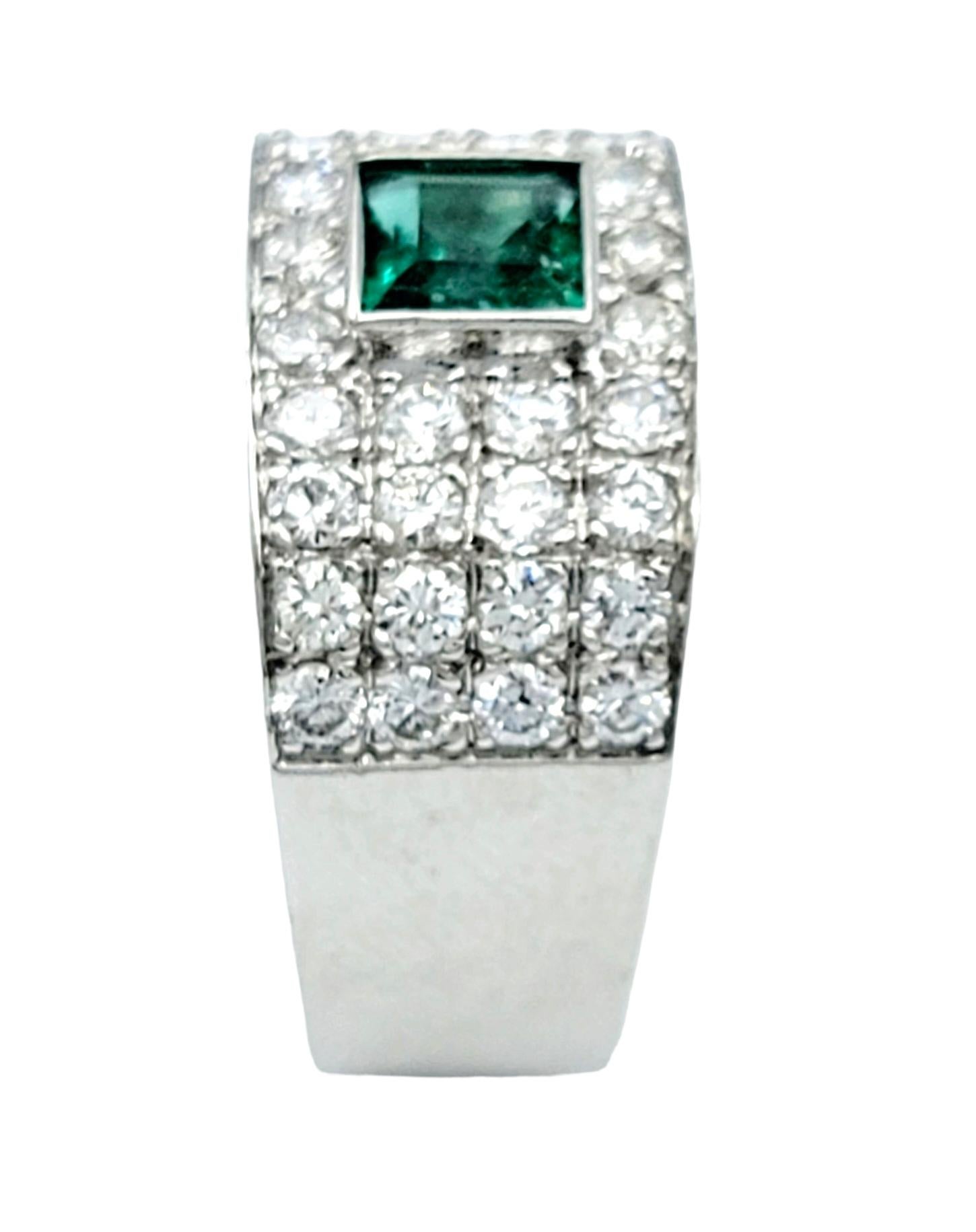 Square Emerald Cut Emerald and Multi-Row Round Diamond Band Ring 18 Karat Gold In Good Condition For Sale In Scottsdale, AZ