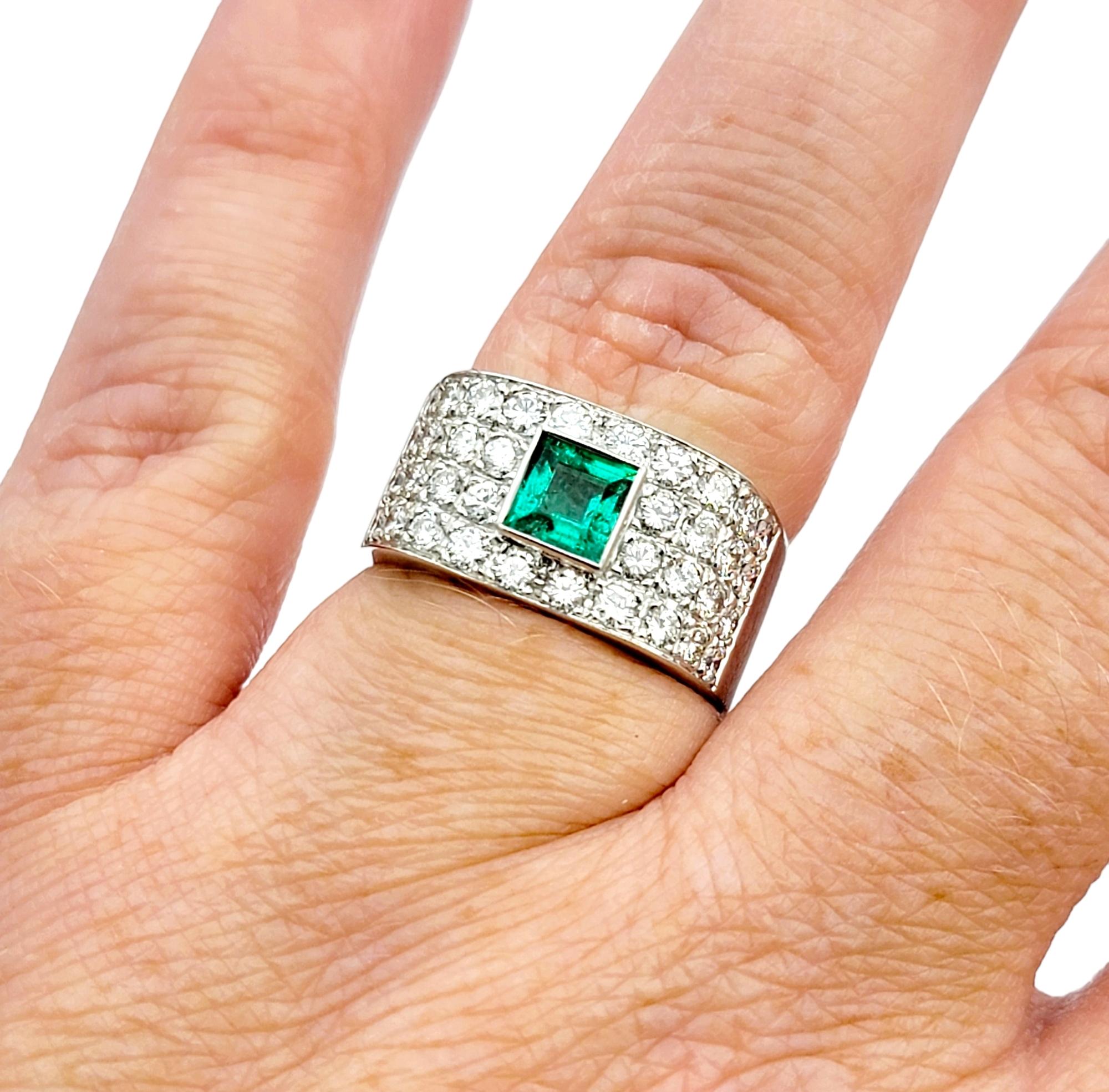 Square Emerald Cut Emerald and Multi-Row Round Diamond Band Ring 18 Karat Gold For Sale 3