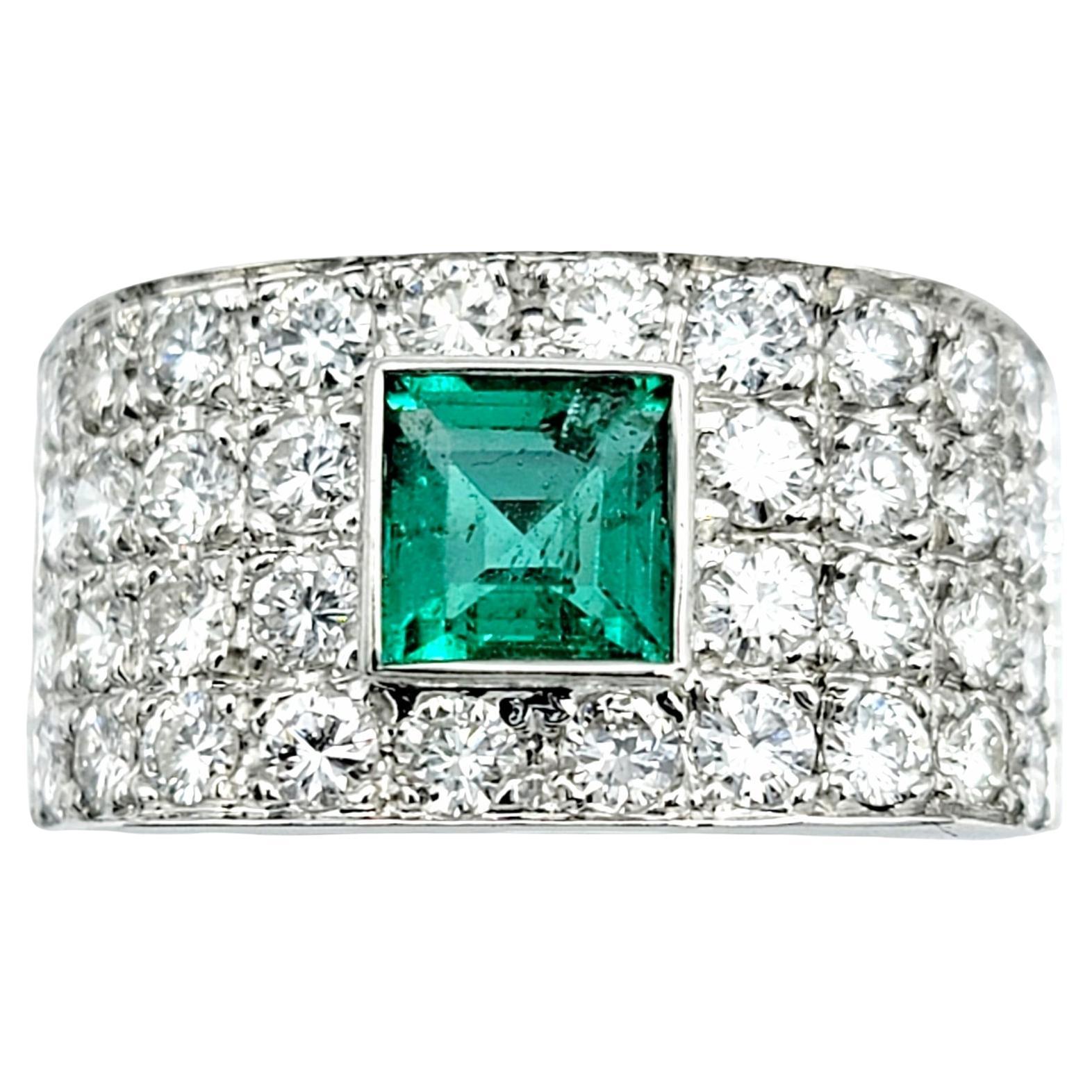 Square Emerald Cut Emerald and Multi-Row Round Diamond Band Ring 18 Karat Gold For Sale