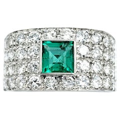 Square Emerald Cut Emerald and Multi-Row Round Diamond Band Ring 18 Karat Gold