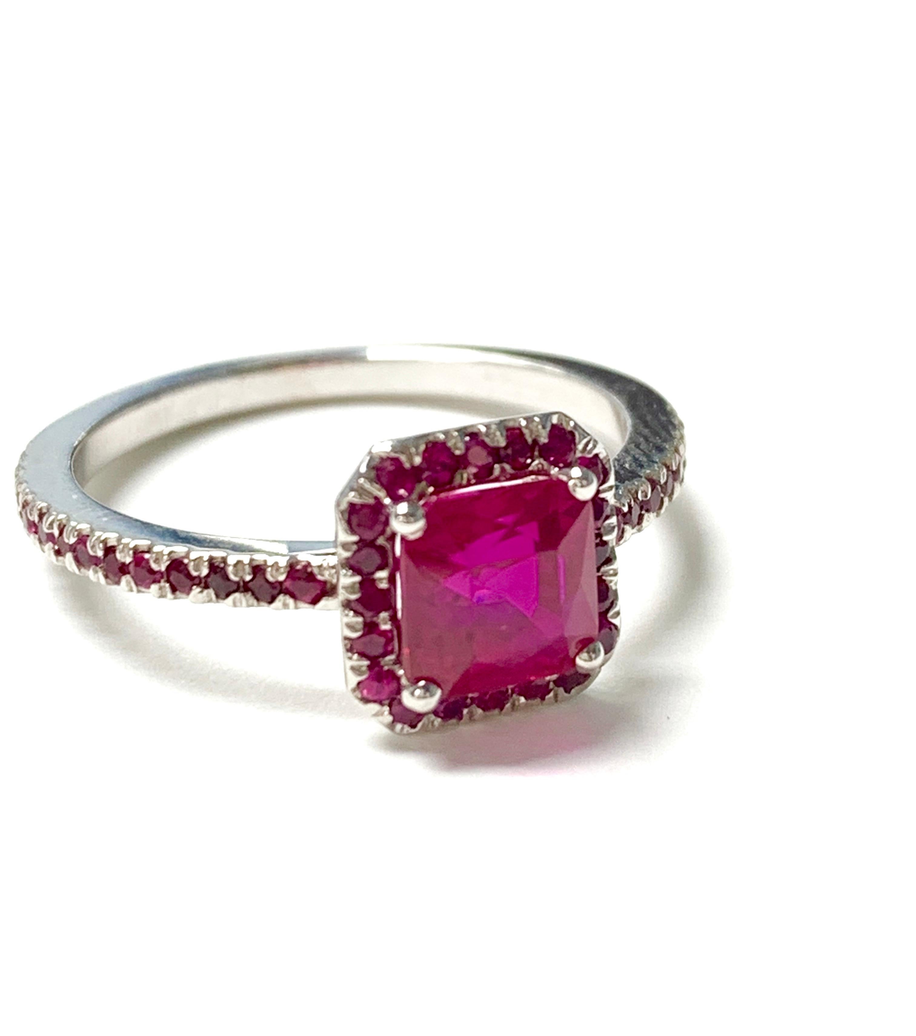 Contemporary Square Emerald Cut Ruby Ring in 18k White Gold