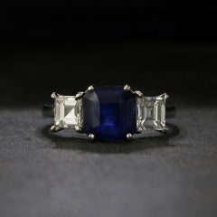 Square Emerald Cut Sapphire and Diamond Three-Stone Ring