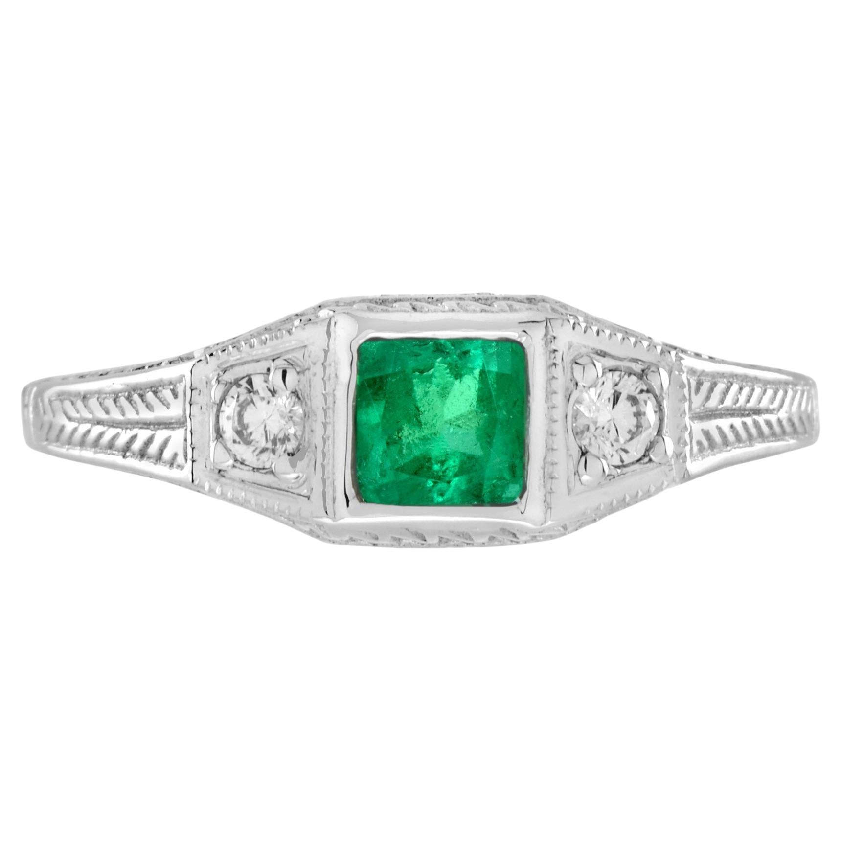 Bague en or blanc 14K à trois pierres, émeraude carrée et diamant, style antique