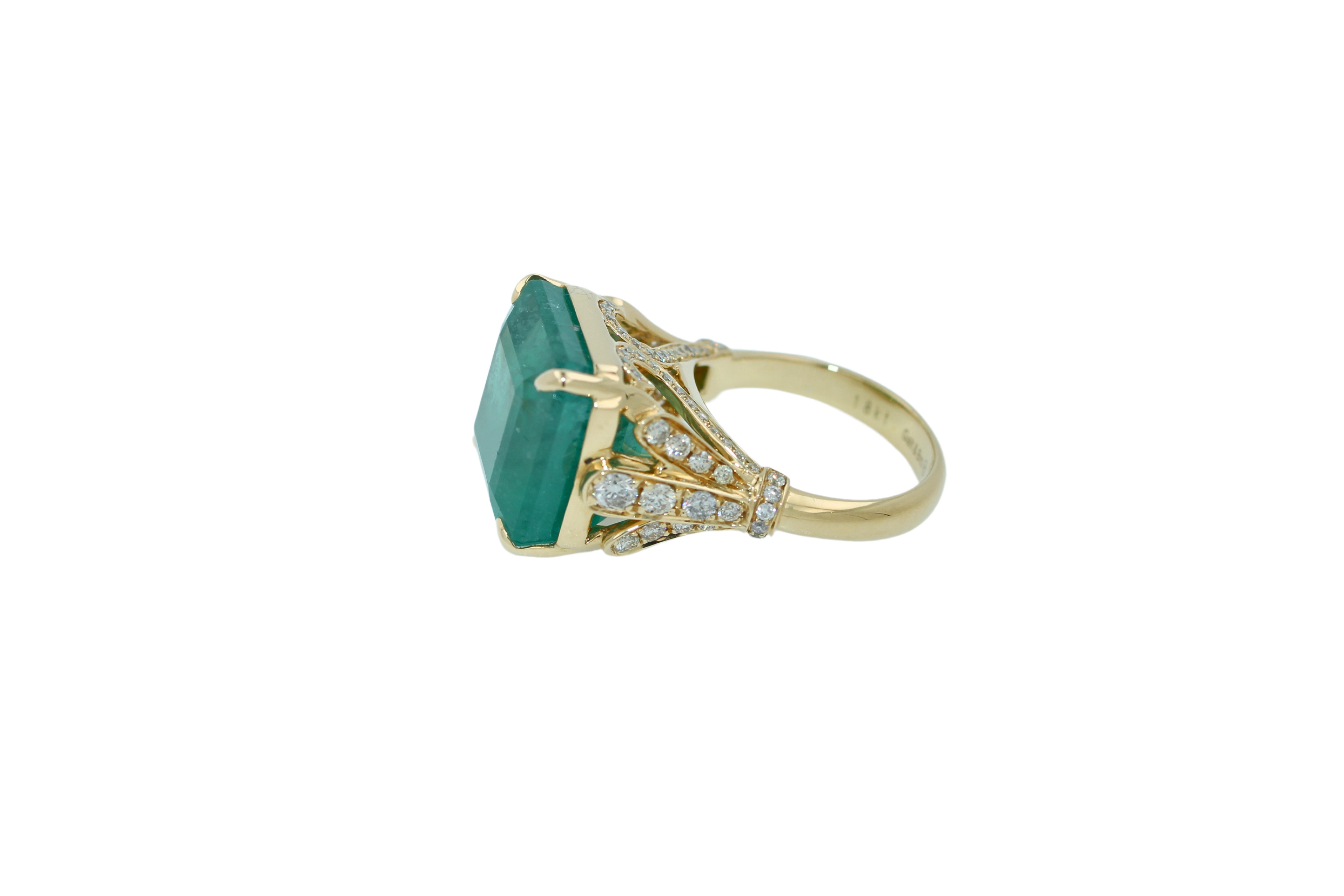 Square Emerald Diamond Cocktail Statement Unique Luxury Vintage Yellow Gold Ring For Sale 1
