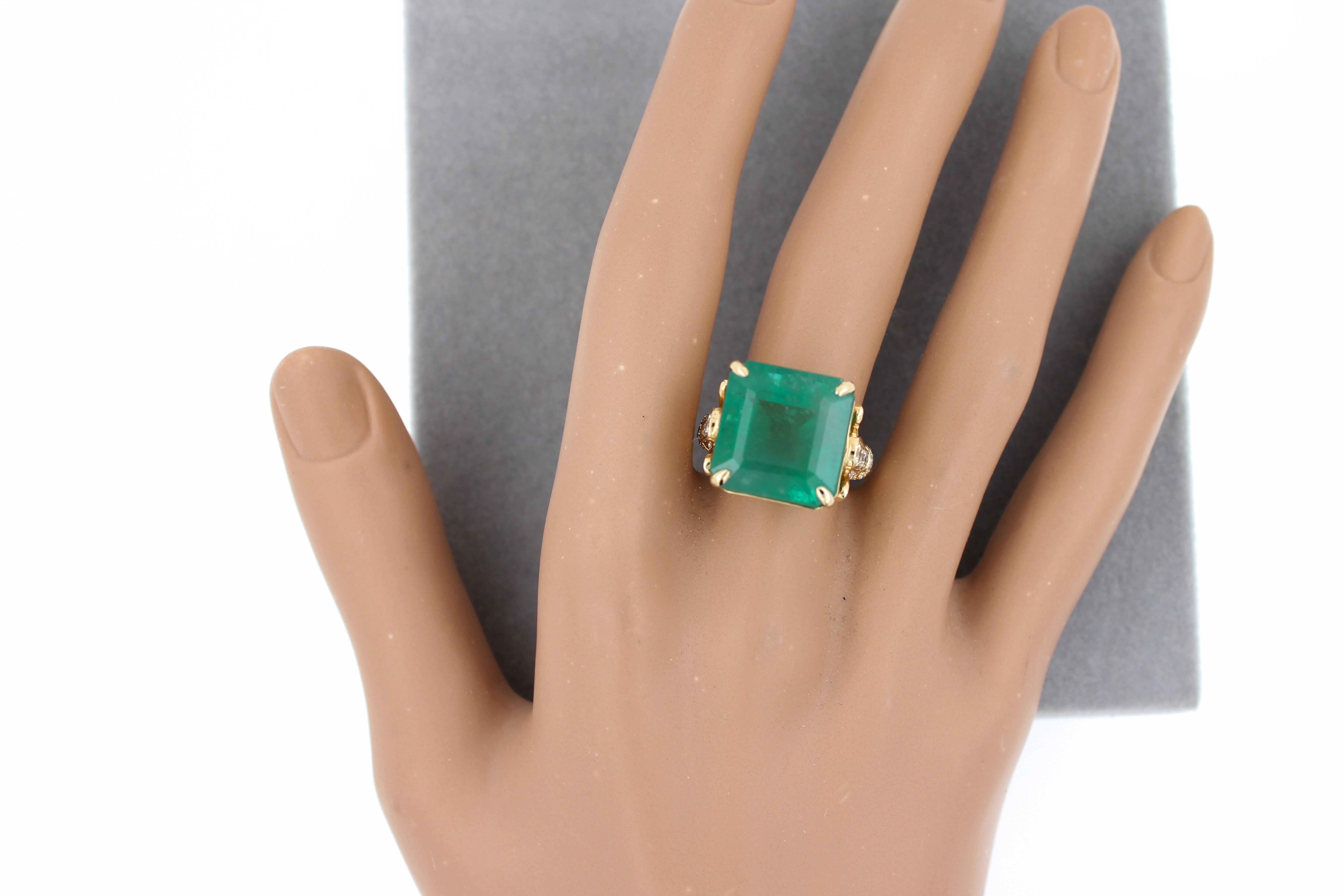 Square Emerald Diamond Cocktail Statement Unique Luxury Vintage Yellow Gold Ring For Sale 11