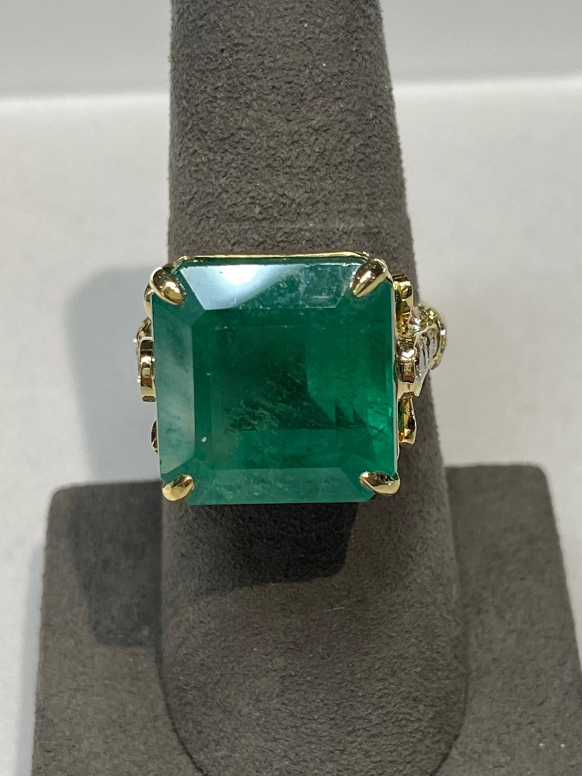 Square Emerald Diamond Cocktail Statement Unique Luxury Vintage Yellow Gold Ring For Sale 5