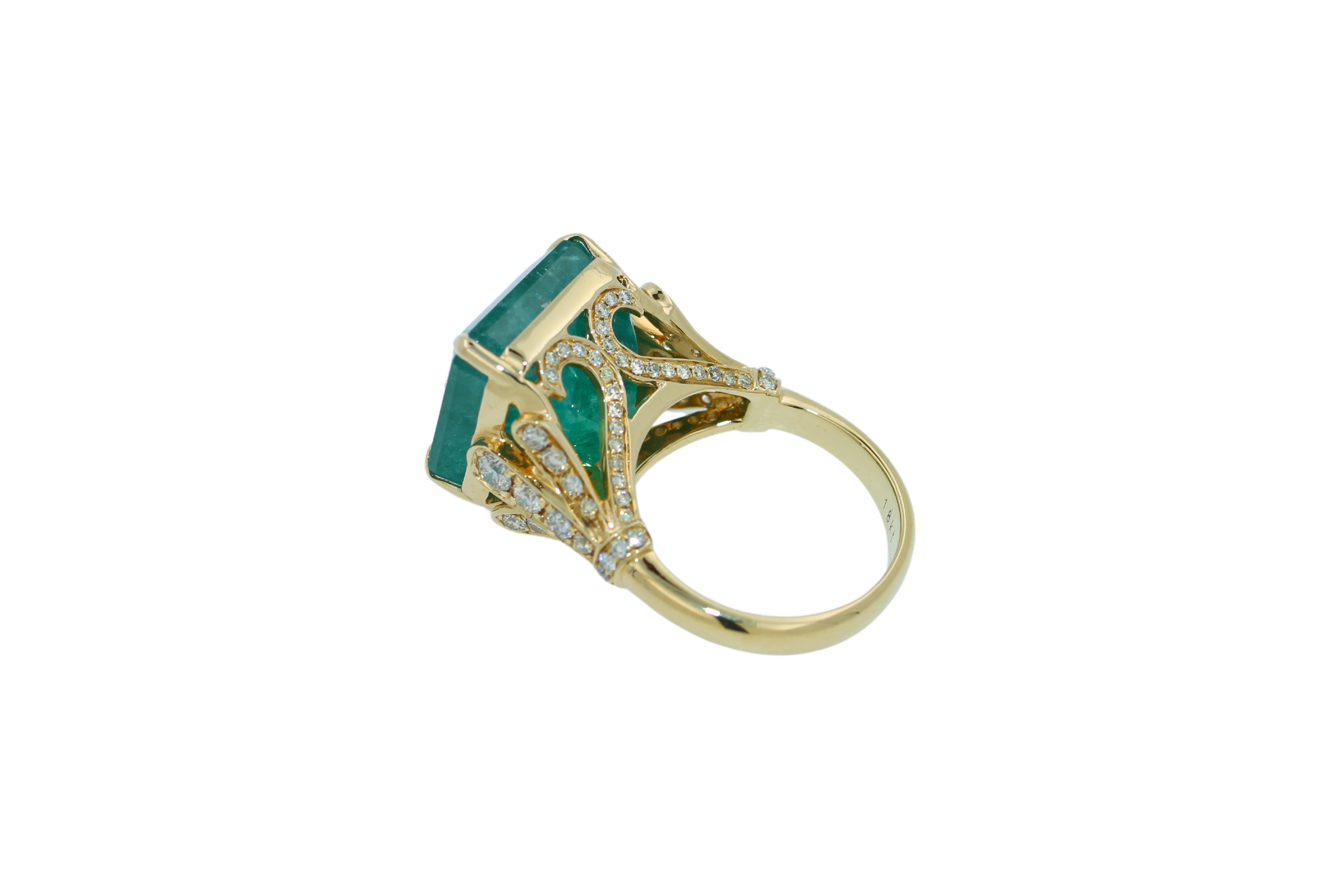 Women's or Men's Square Emerald Diamond Cocktail Statement Unique Luxury Vintage Yellow Gold Ring For Sale