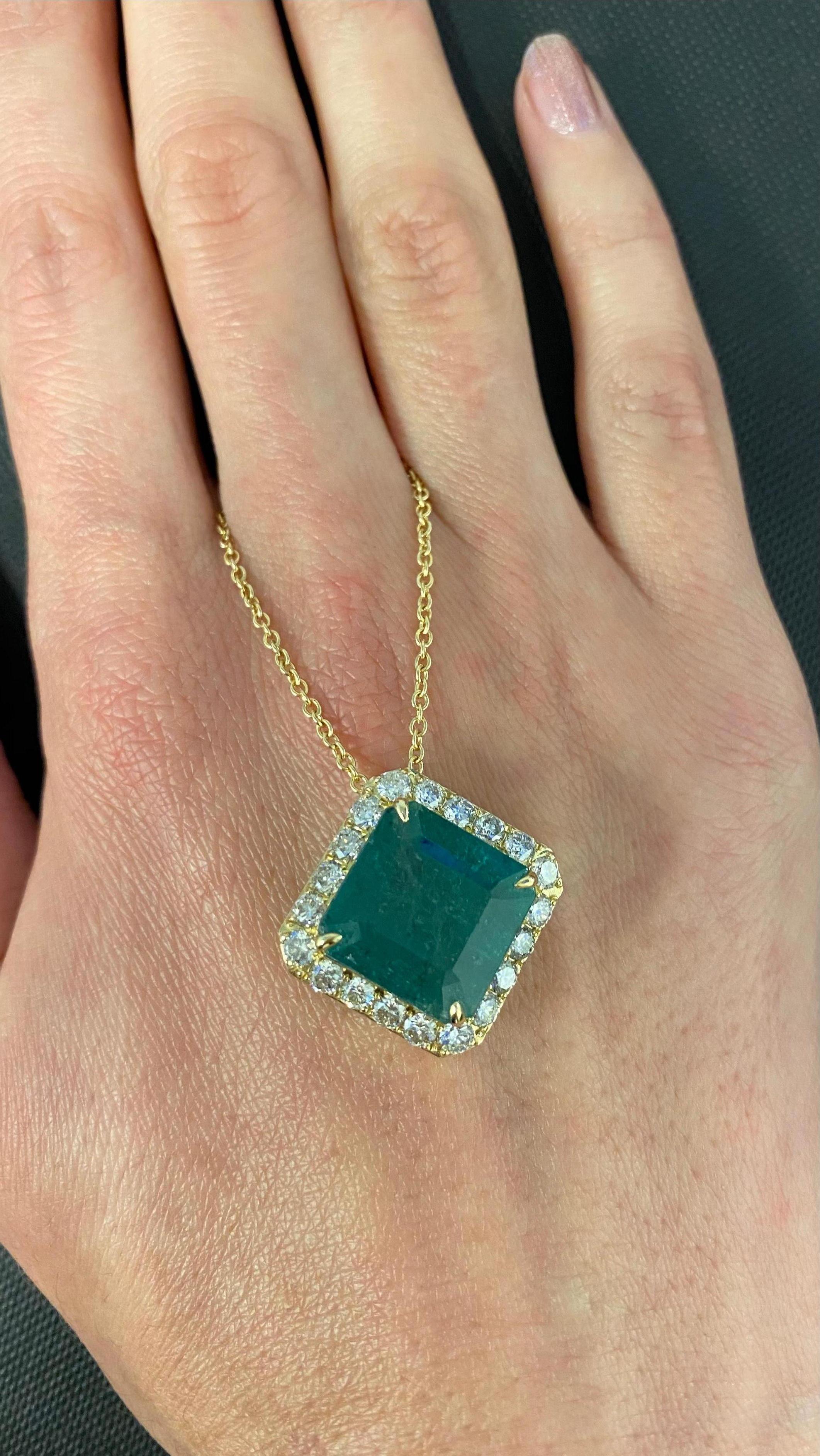 Art Deco Square Emerald Diamond Halo 18 Karat Yellow Gold Unique Amulet Pendant Necklace For Sale